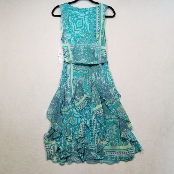 Robbie Bee 6 Turquoise Paisley Ruffle Layered Sleeveless Belted Midi Dress NEW - Picture 8 of 9